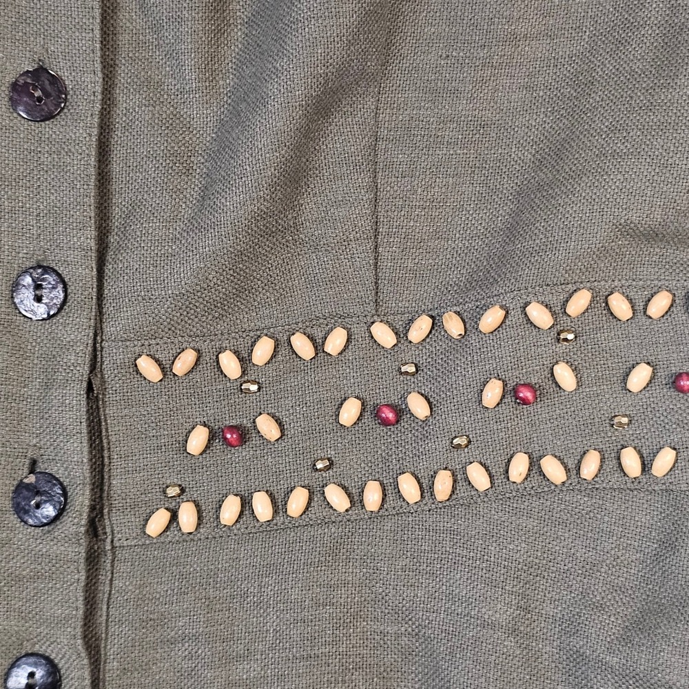 Dressbarn Olive Green Beaded Button Front Midi Dress ShortSleeve Size 10 Vintage - Picture 5 of 7